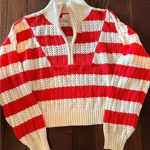 a new day Red and Cream Striped Half-Zip Crochet Stitch Sweater